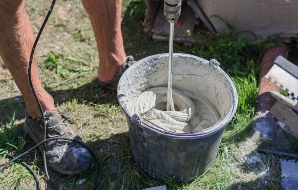 mixer attachment for a drill is mixing concrete